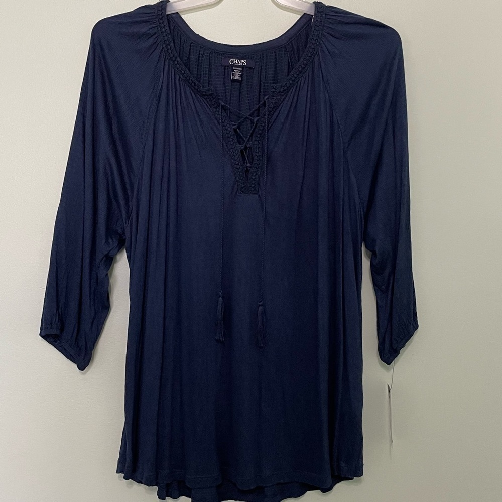 Brand new with tags. Chaps top, dark blue, light weight with lace up area.
